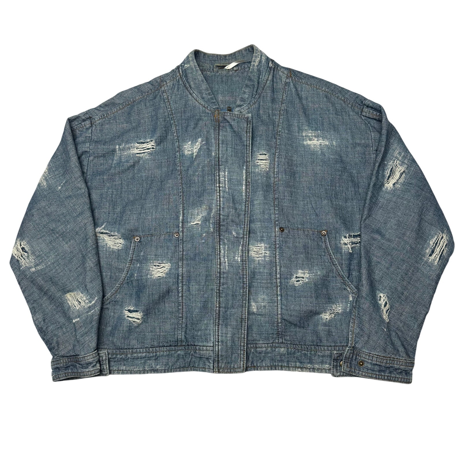 Free People Tattered Tennis Jacket Denim Bomber Women's Large Boho Grunge